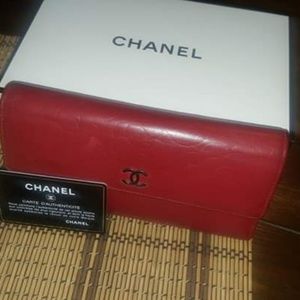 Authentic Chanel red lambskin flap wallet